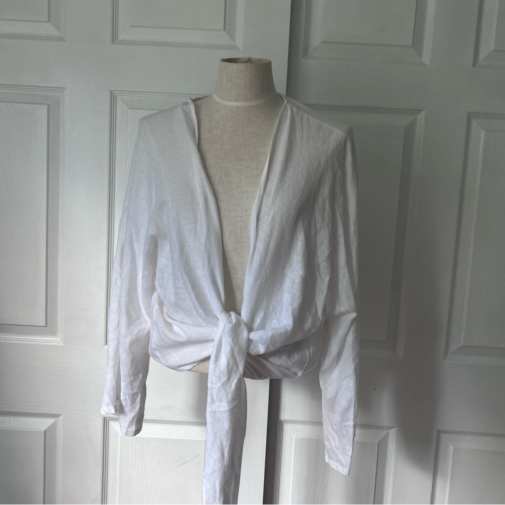 Christian Siriano White Tie-Front Long Sleeve Top